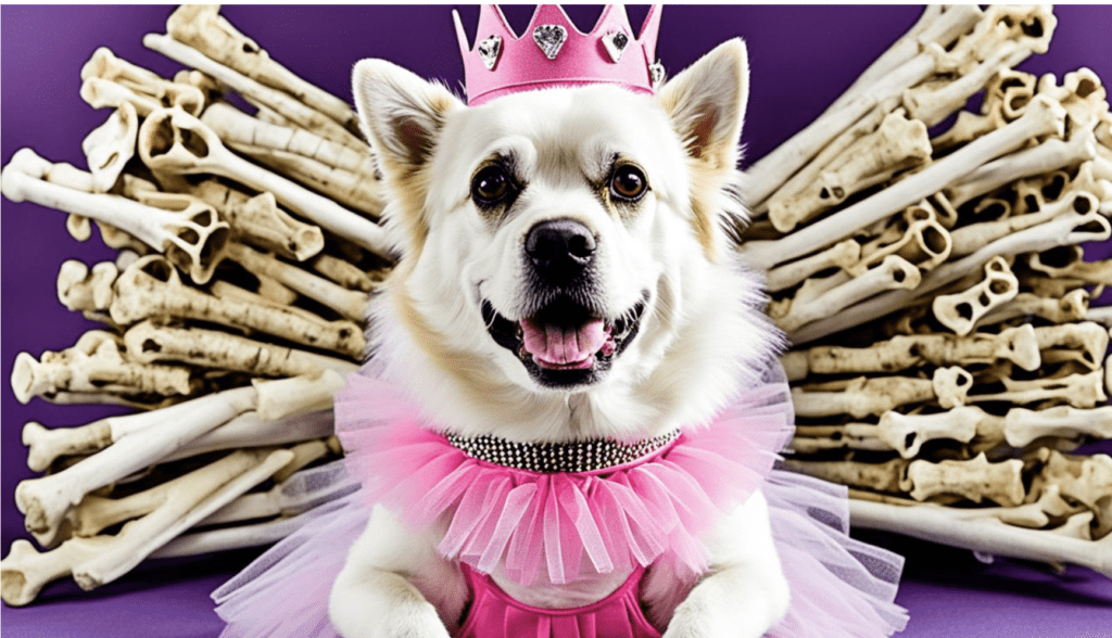 A dog wearing a pink crown and a necklace and a pink ballerina outfit with a pile of old bones behind her