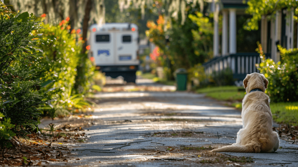 Buddy the Labrador, watching the mail truck drive away