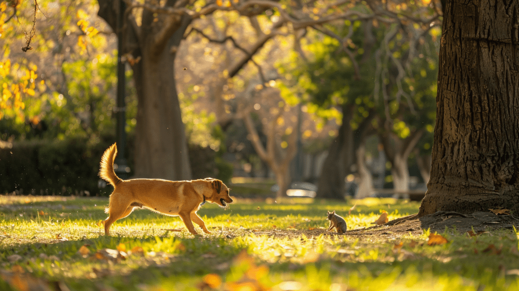 Buddy the Labrador, chatting with a squirrel in the park