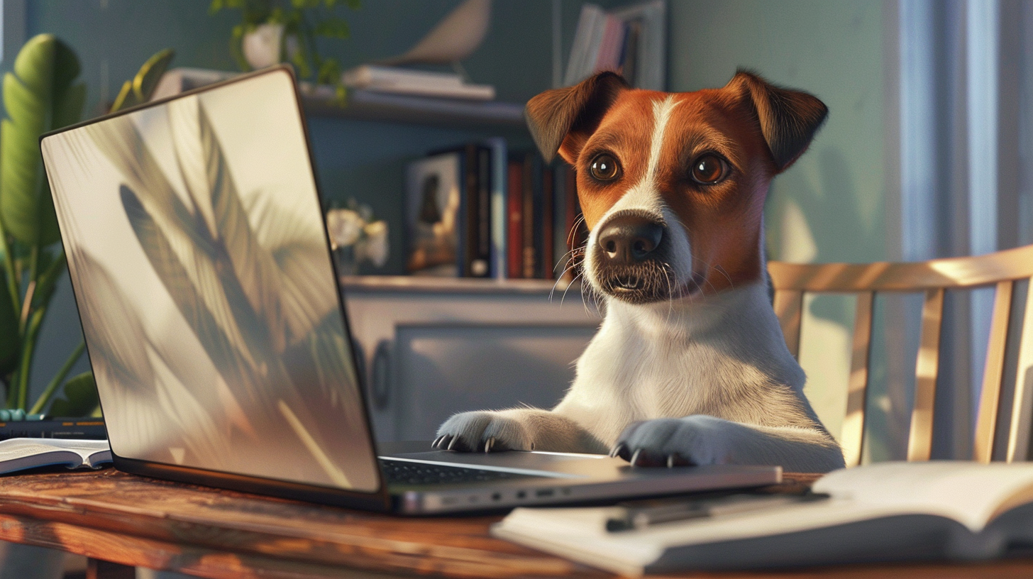 Terrier reading his email on a laptop