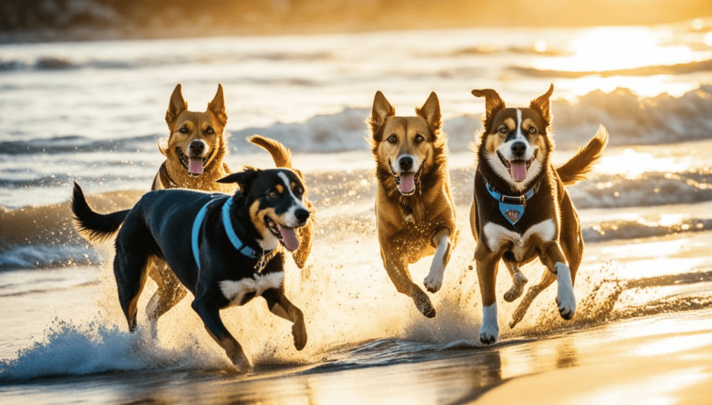 A pack of energetic dogs excitedly chasing each other in the shallow waves. The sun is setting, casting a warm glow over the sandy beach. 