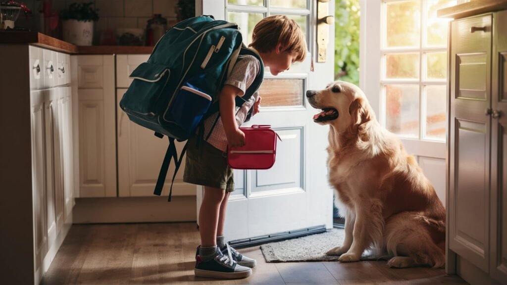 Golden Retriever saying "bye" to his young friend as he leaves for school