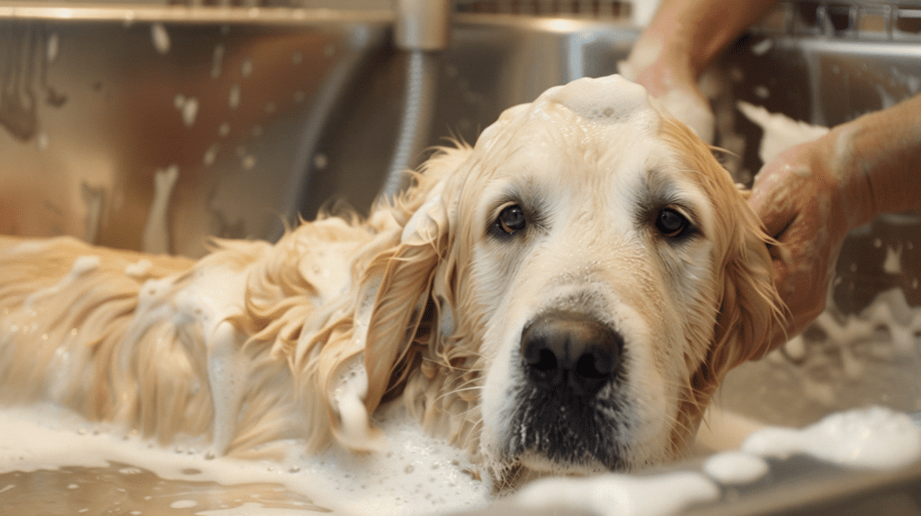 Golden Retriever taking a bath