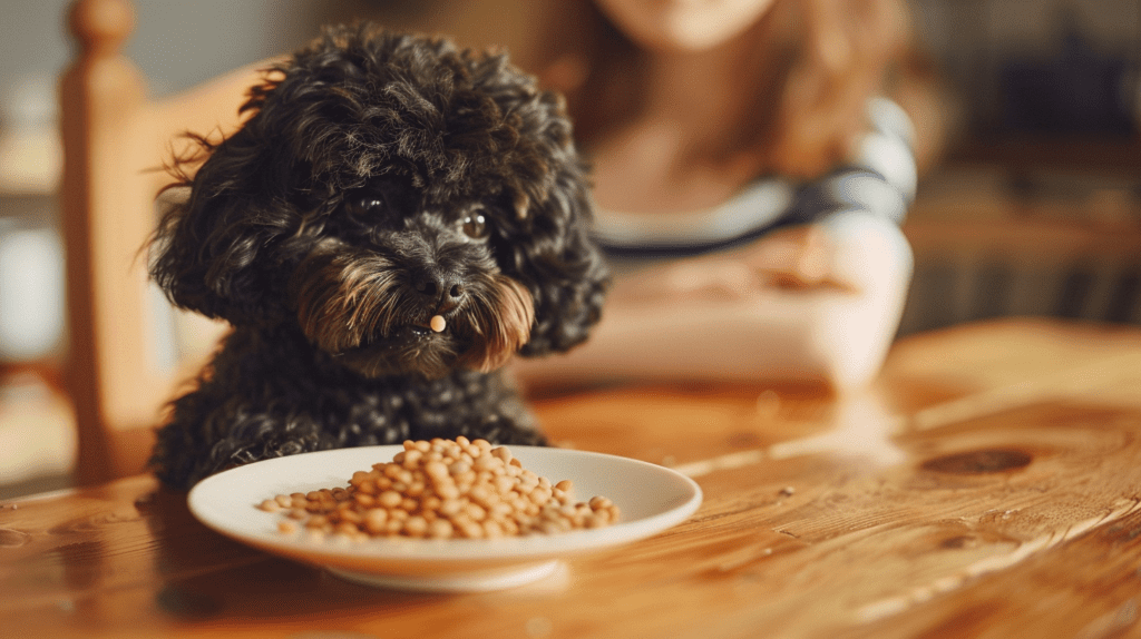 a black miniature poodle eating his lentils and brown rice at a wooden kitchen table