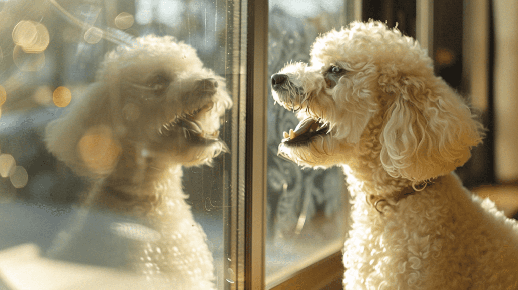 Pip the toy poodle, barking at her own reflection in the window pane