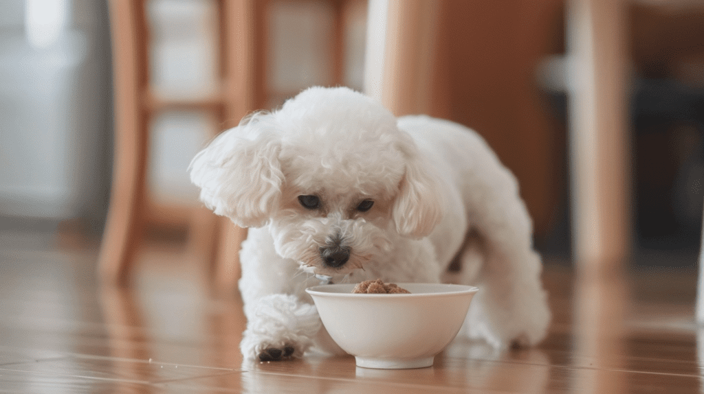 Pip the toy poodle turning her nose up at her food in a bowl