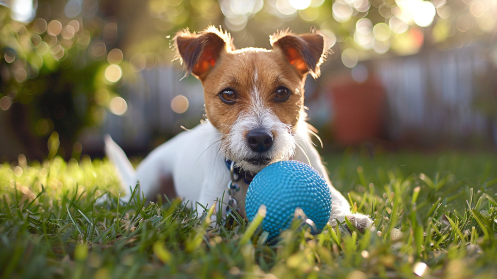 Tucker playing with his blue ball in the back garden