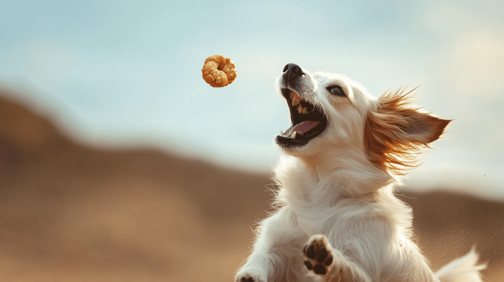 A dog catching a treat in mid air