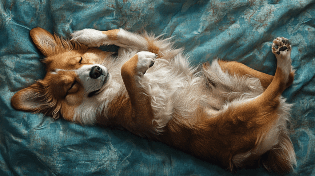 A dog sleeping on his back