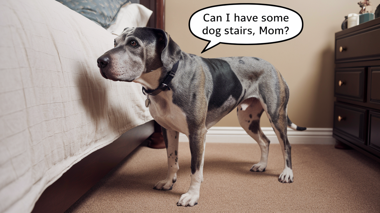 dog standing by a bed with a speech bubble Can I have some dog stairs, Mom?