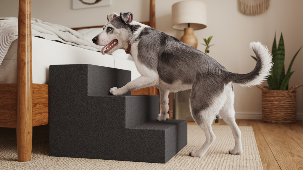 An older dog climbing his stairs to the human's bed