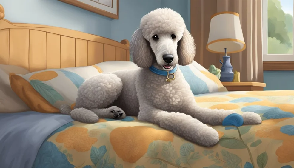 standard poodle lying on a bed