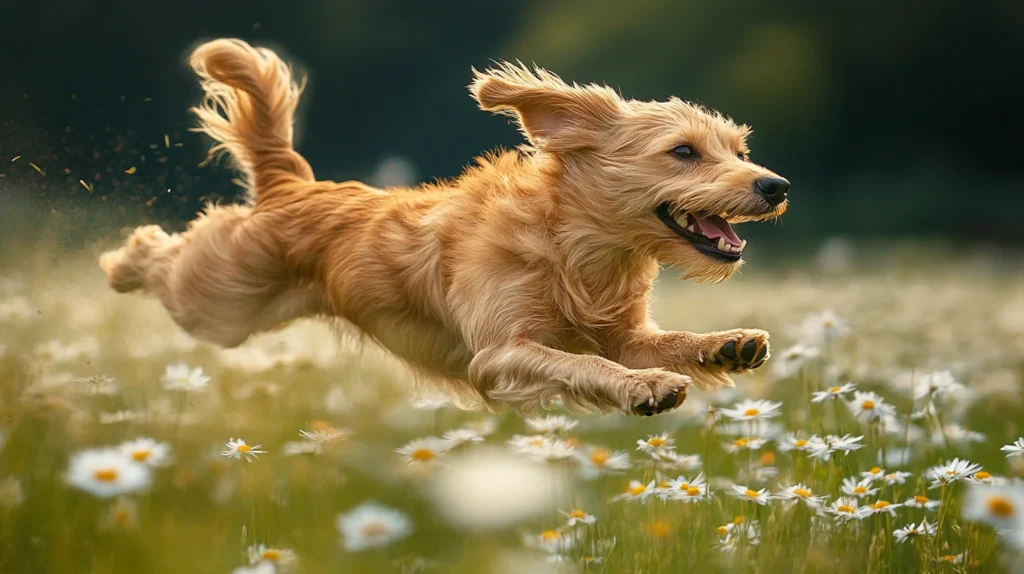 Dog running fast through a field of daisies