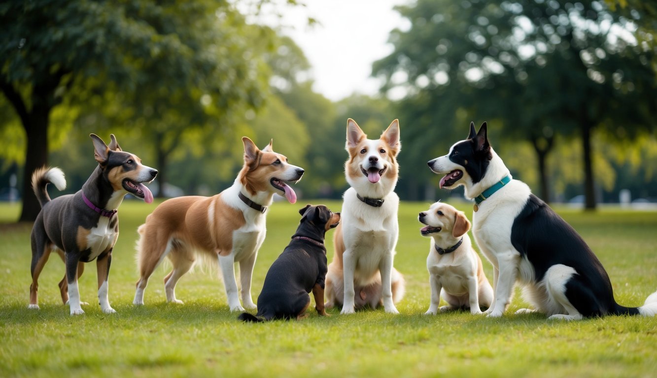 A group of dogs of various breeds and sizes interact in a park, using body language and vocalizations to communicate and socialize with each other