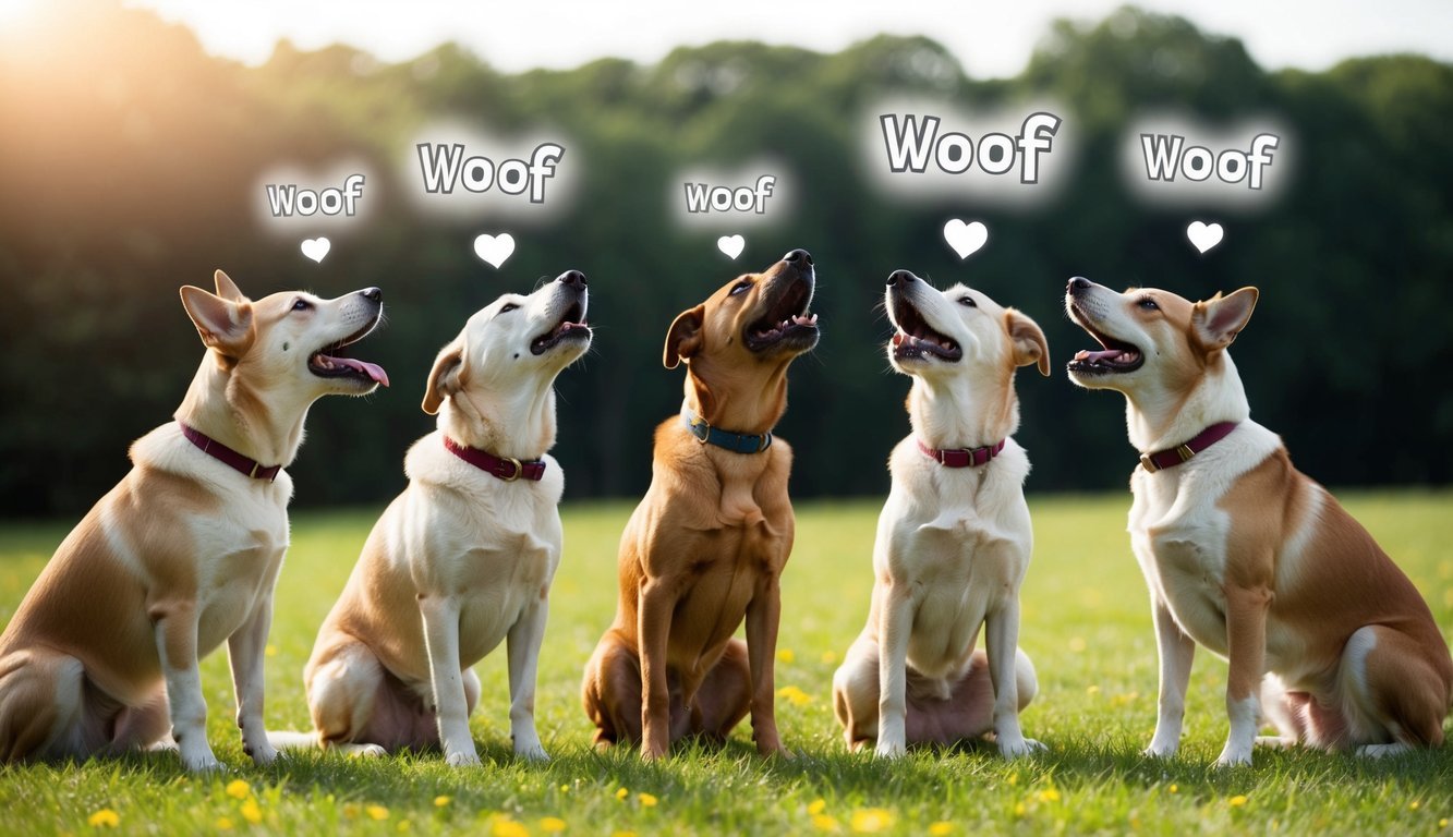 A group of dogs communicating with each other through various barks and body language, demonstrating their understanding of the secret language of 'Woof.'