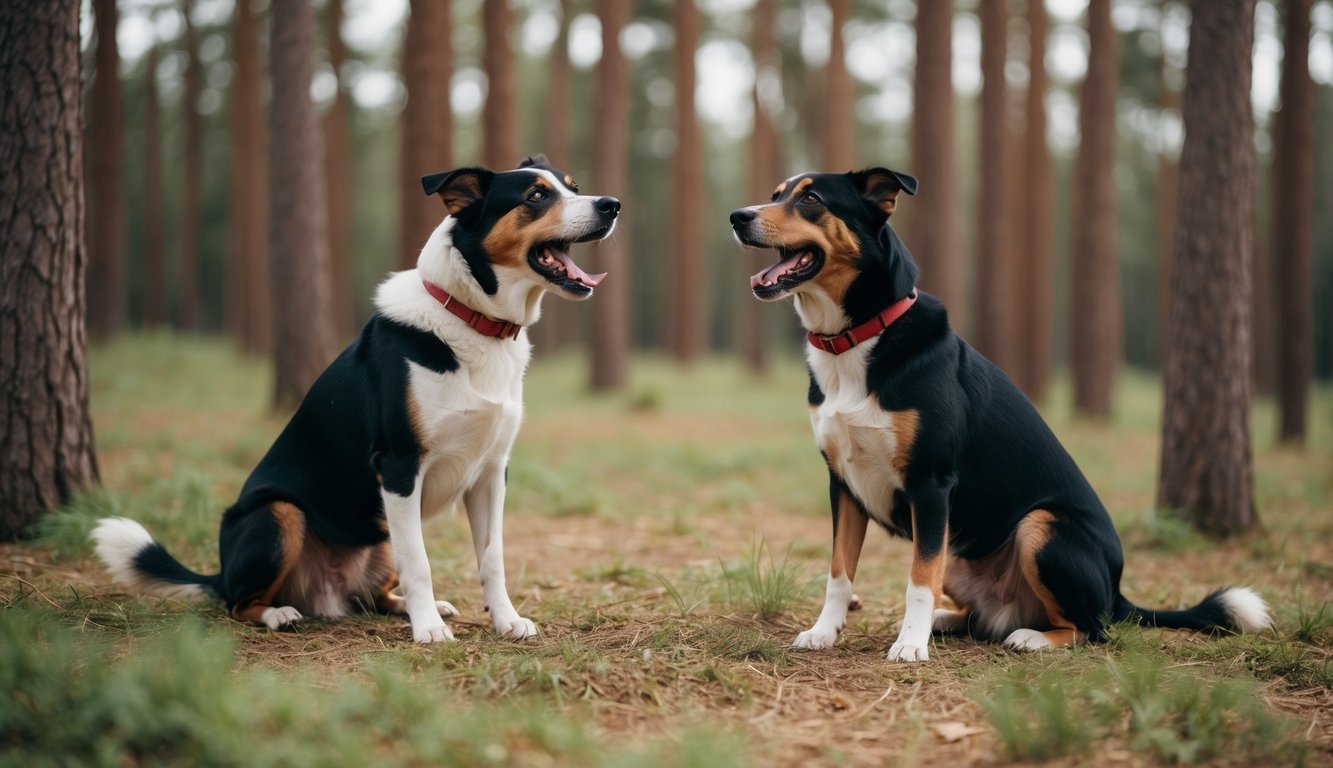 Two dogs communicating through body language and barks in a secluded forest clearing